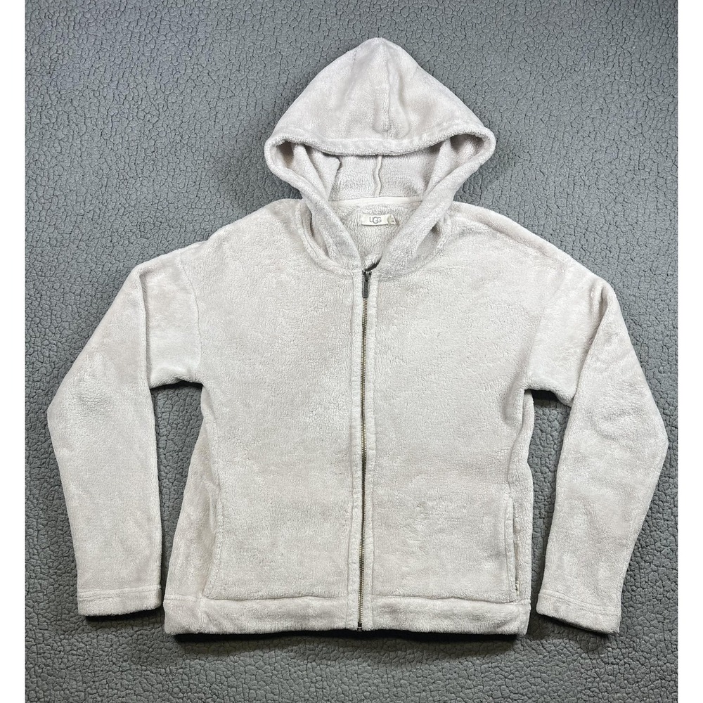 UGG Jacket Womens Medium White Fleece Full Zip Hooded Pockets Cozy Soft